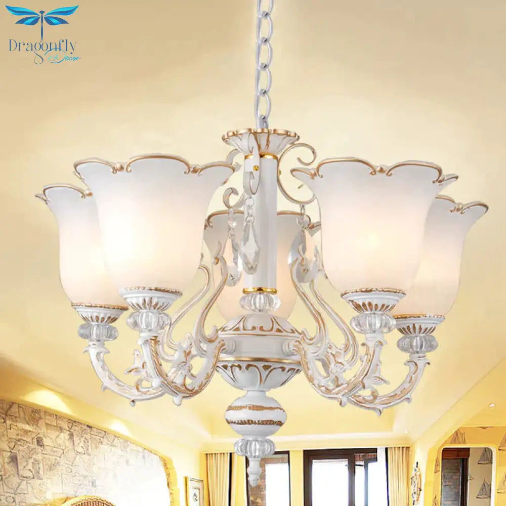 Cream Glass Floral Chandelier Light Traditional 3/5/6 Lights Bedroom Suspension Pendant In Beige