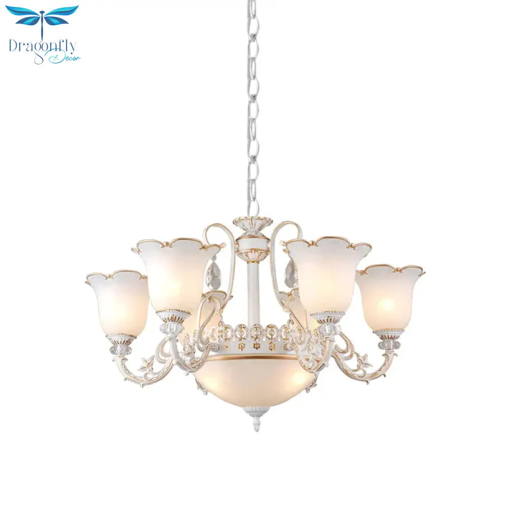 Cream Glass Floral Chandelier Light Traditional 3/5/6 Lights Bedroom Suspension Pendant In Beige