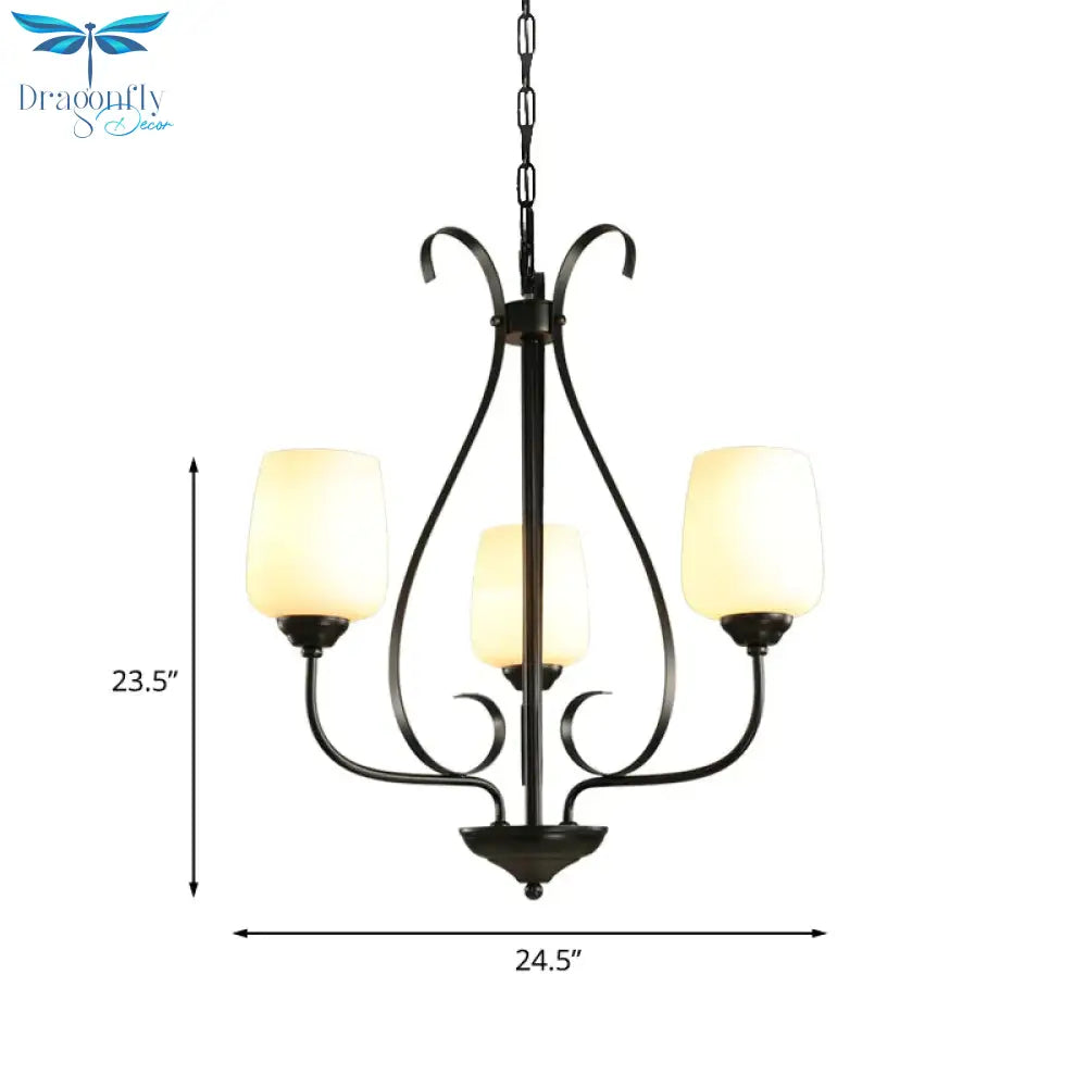 Cream Glass Tulip Chandelier Lamp Vintage 3/6/8 Bulbs Dining Room Pendant In Black With Raindrop