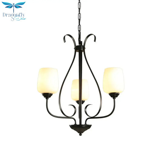 Cream Glass Tulip Chandelier Lamp Vintage 3/6/8 Bulbs Dining Room Pendant In Black With Raindrop