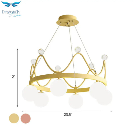 Crown Iron Chandelier Lighting Kid 6 Bulbs Pink/Gold Pendant Lamp With Orb Glass Shade And Crystal