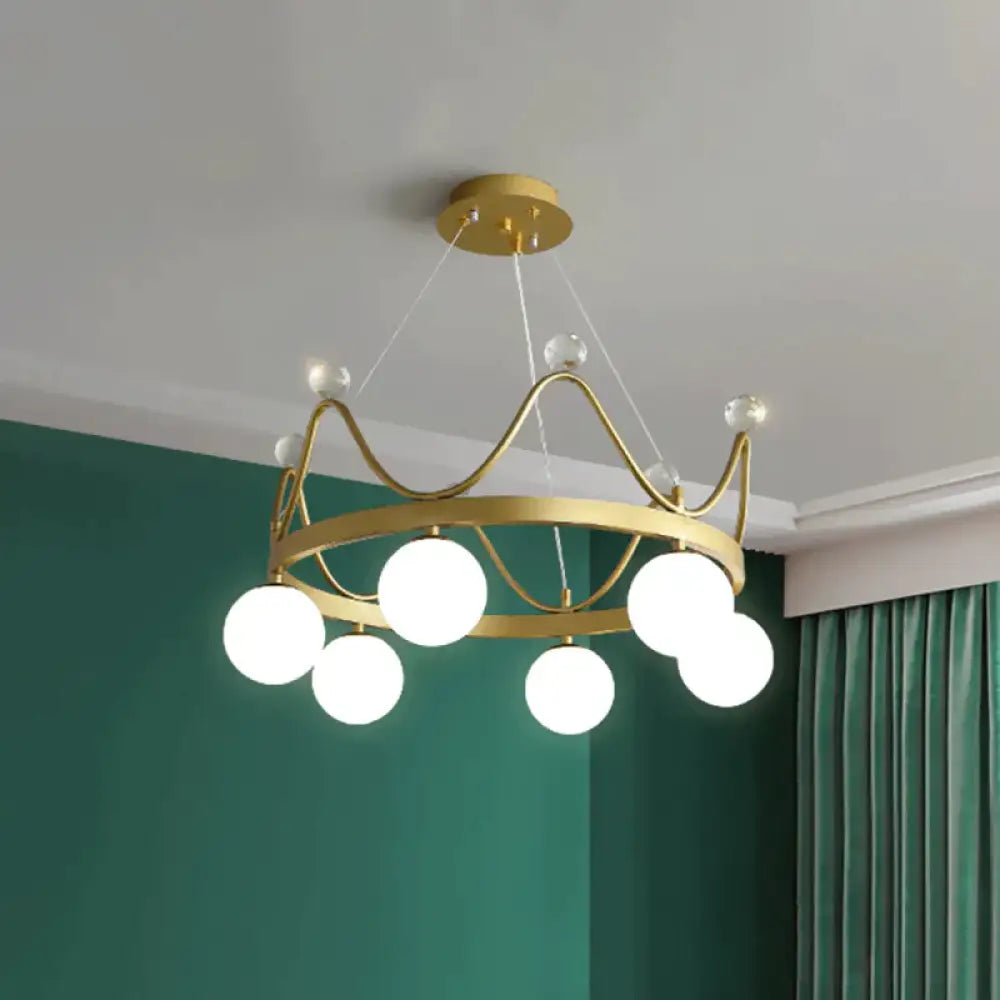 Crown Iron Chandelier Lighting Kid 6 Bulbs Pink/Gold Pendant Lamp With Orb Glass Shade And Crystal