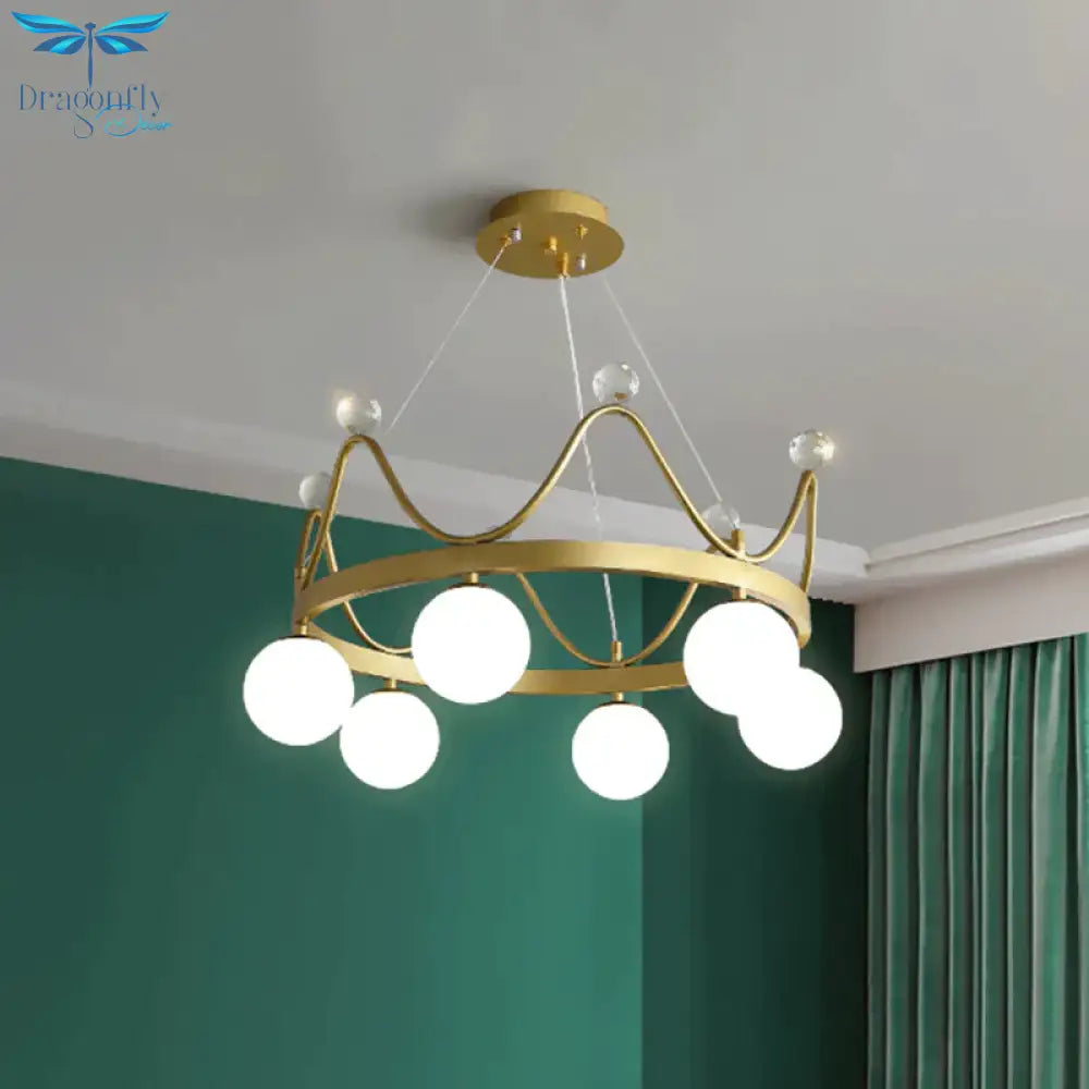 Crown Iron Chandelier Lighting Kid 6 Bulbs Pink/Gold Pendant Lamp With Orb Glass Shade And Crystal