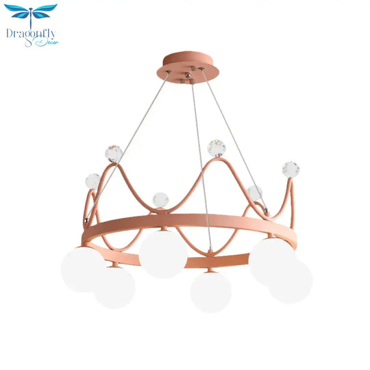Crown Iron Chandelier Lighting Kid 6 Bulbs Pink/Gold Pendant Lamp With Orb Glass Shade And Crystal