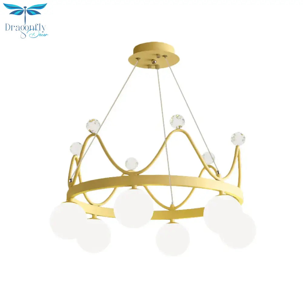 Crown Iron Chandelier Lighting Kid 6 Bulbs Pink/Gold Pendant Lamp With Orb Glass Shade And Crystal