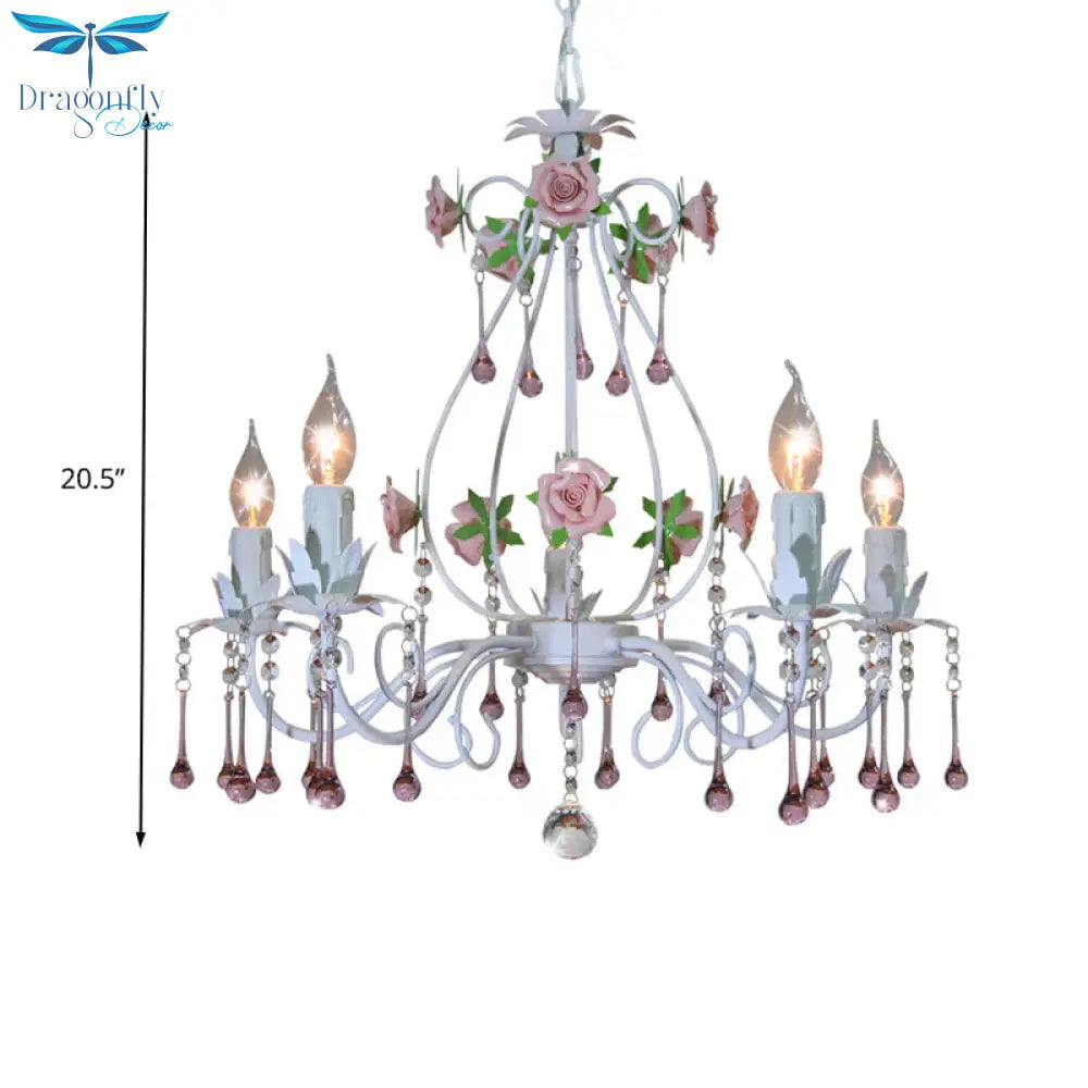 Crystal Ball Pink Pendant Chandelier Candlestick 5 Lights Countryside Ceiling Hang Fixture For