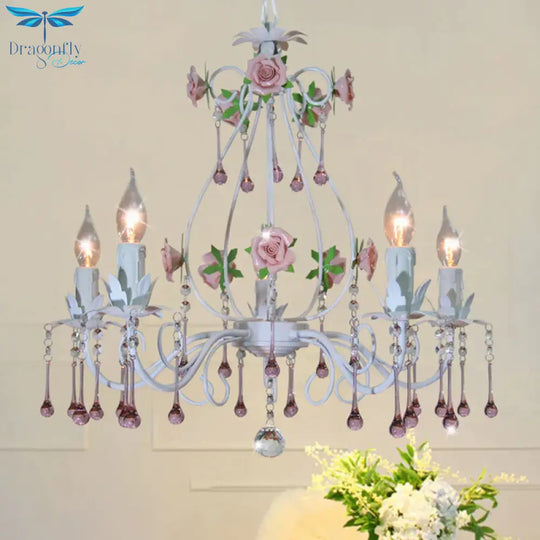 Crystal Ball Pink Pendant Chandelier Candlestick 5 Lights Countryside Ceiling Hang Fixture For
