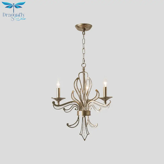Crystal Beaded Antiqued Silver Drop Lamp Foliage Candelabrum 3 Heads Rural Chandelier