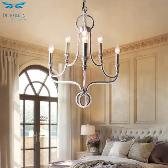 Crystal Beaded Chandelier Light Traditional 6 Heads Aged Silver Suspended Lighting Fixture