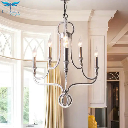 Crystal Beaded Chandelier Light Traditional 6 Heads Aged Silver Suspended Lighting Fixture