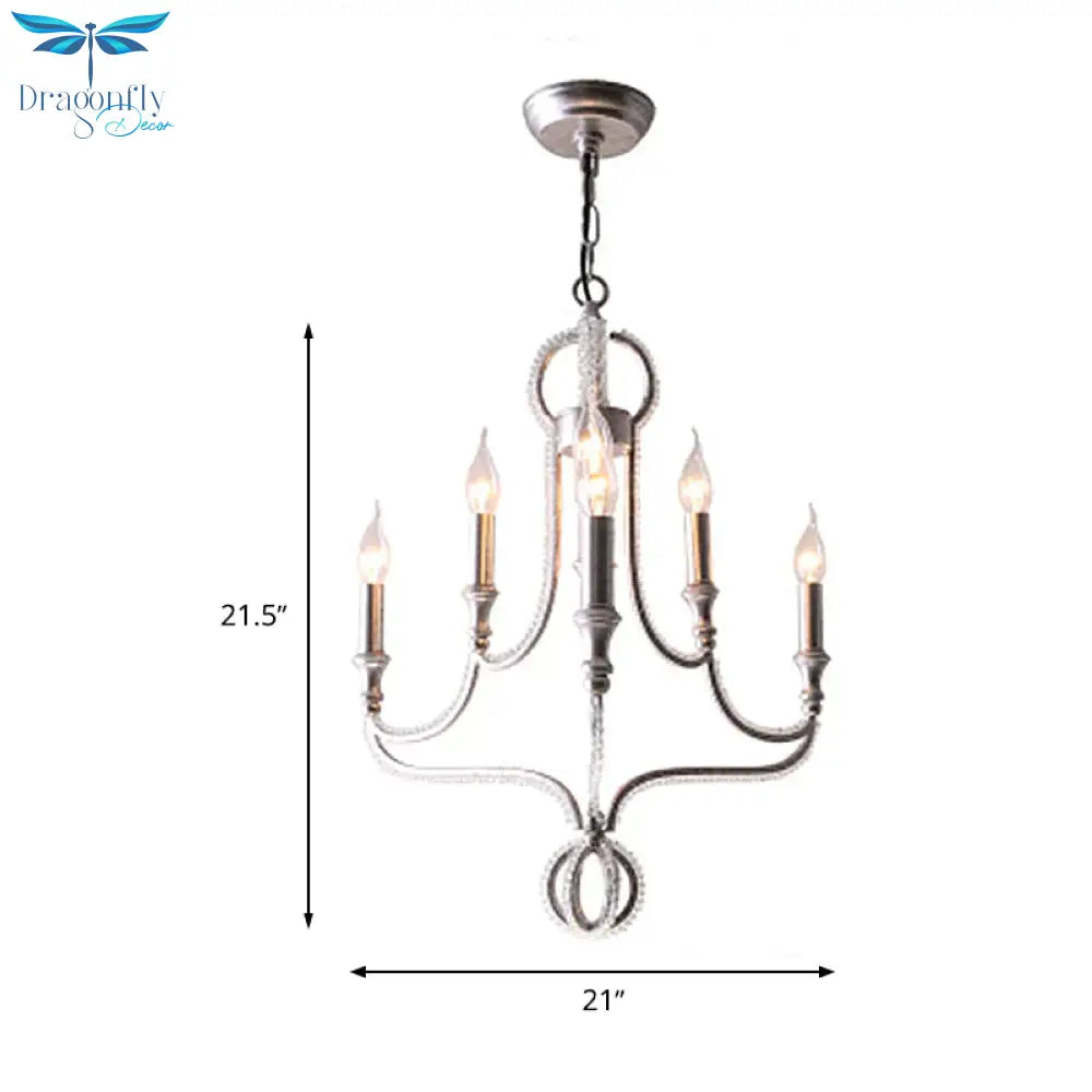 Crystal Beaded Chandelier Light Traditional 6 Heads Aged Silver Suspended Lighting Fixture
