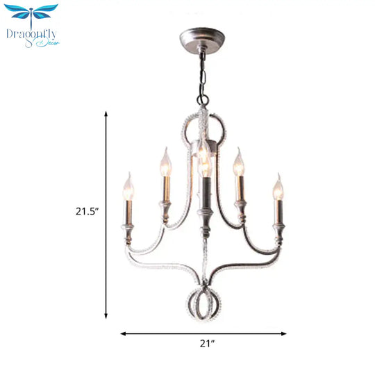 Crystal Beaded Chandelier Light Traditional 6 Heads Aged Silver Suspended Lighting Fixture