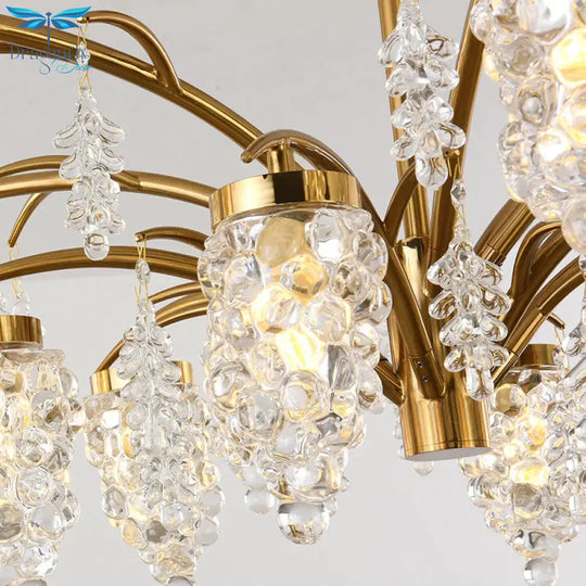 Crystal Beaded Gold Hanging Light Kit Grape Shape 6/8 Heads Bedroom Chandelier Fixture