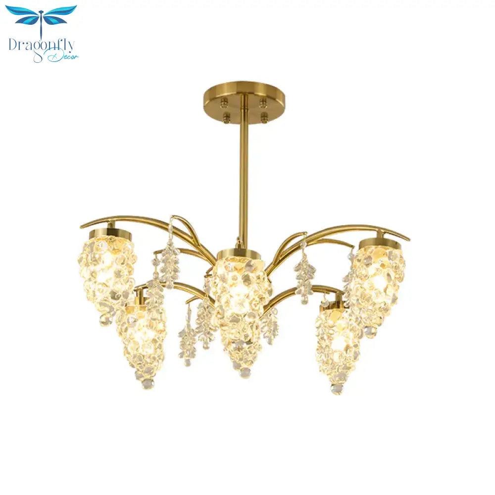 Crystal Beaded Gold Hanging Light Kit Grape Shape 6/8 Heads Bedroom Chandelier Fixture