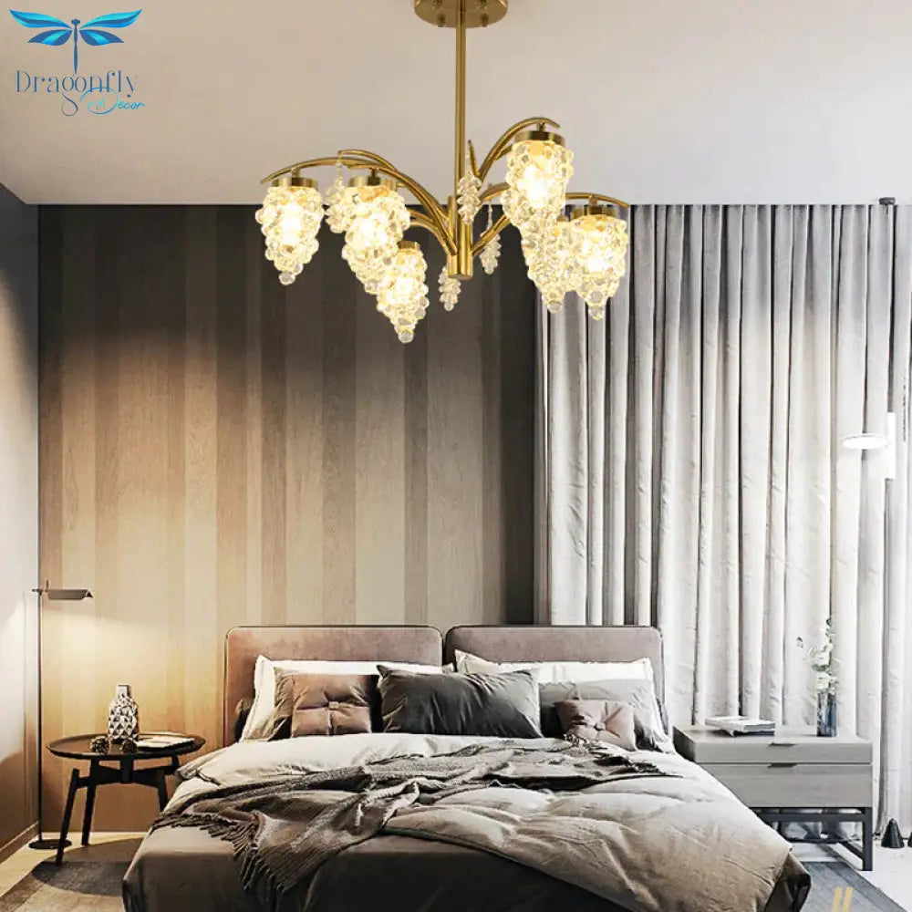 Crystal Beaded Gold Hanging Light Kit Grape Shape 6/8 Heads Bedroom Chandelier Fixture