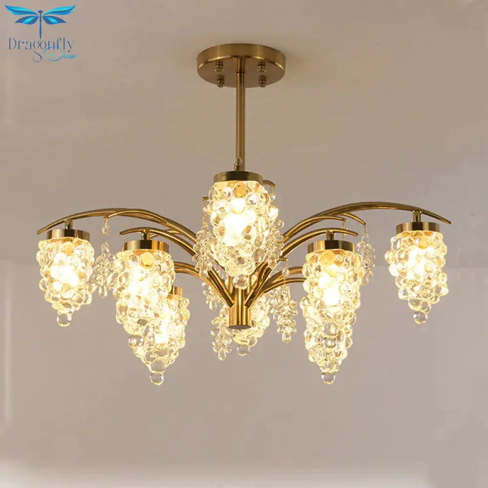 Crystal Beaded Gold Hanging Light Kit Grape Shape 6/8 Heads Bedroom Chandelier Fixture