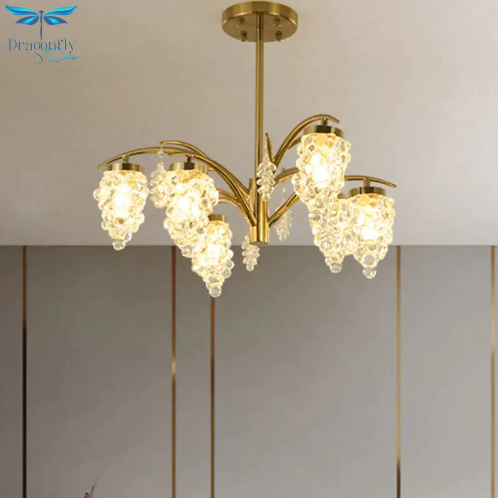 Crystal Beaded Gold Hanging Light Kit Grape Shape 6/8 Heads Bedroom Chandelier Fixture