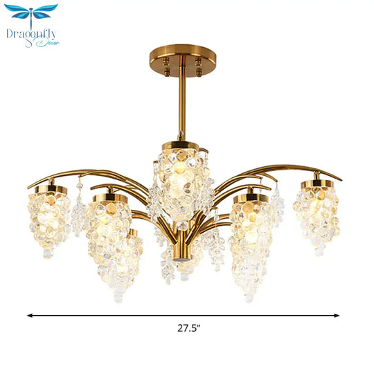 Crystal Beaded Gold Hanging Light Kit Grape Shape 6/8 Heads Bedroom Chandelier Fixture