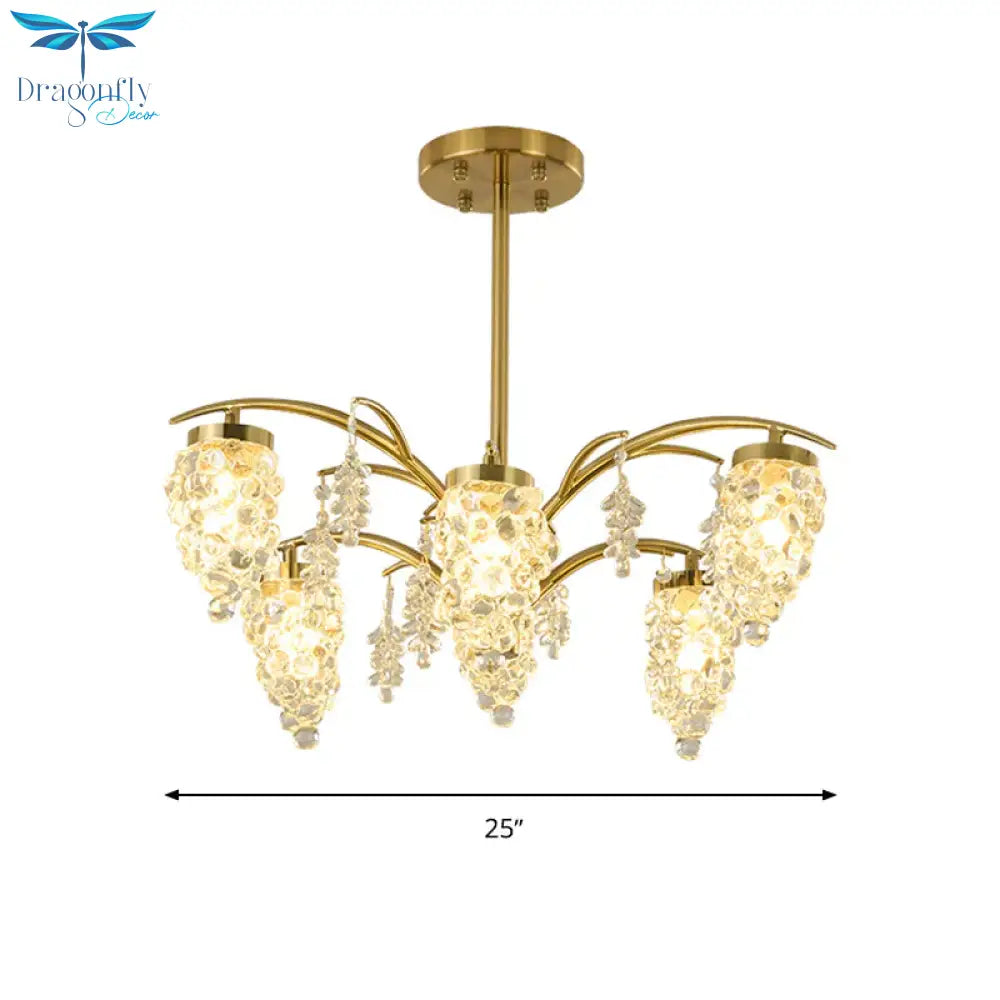 Crystal Beaded Gold Hanging Light Kit Grape Shape 6/8 Heads Bedroom Chandelier Fixture