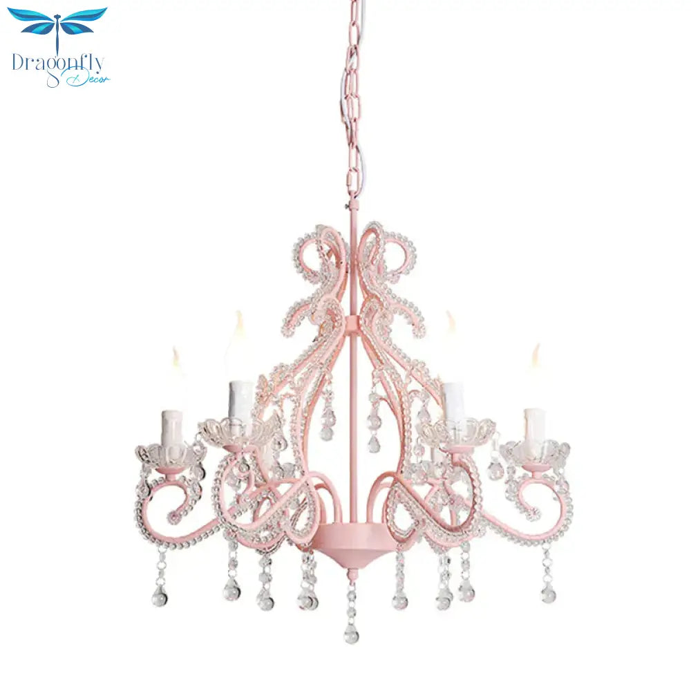 Crystal Beaded Pink Chandelier Lamp Candlestick 6 Lights Modern Pendant Light Fixture