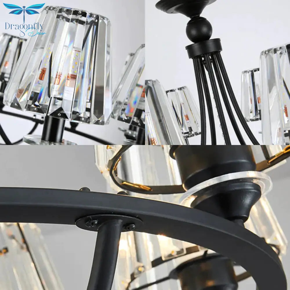 Crystal Black Chandelier Light Tapered 4/6/8 Lights Nordic Ceiling Pendant For Dining Room