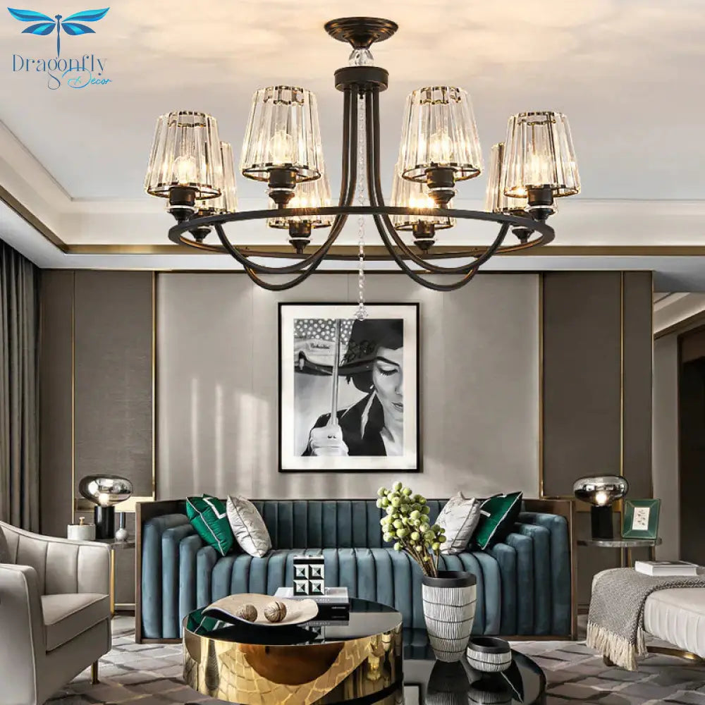 Crystal Black Chandelier Light Tapered 4/6/8 Lights Nordic Ceiling Pendant For Dining Room