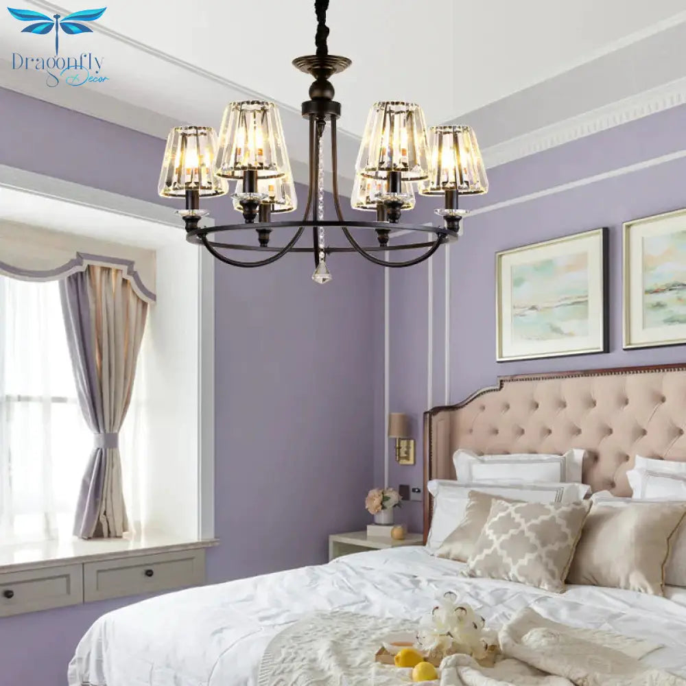 Crystal Black Chandelier Light Tapered 4/6/8 Lights Nordic Ceiling Pendant For Dining Room