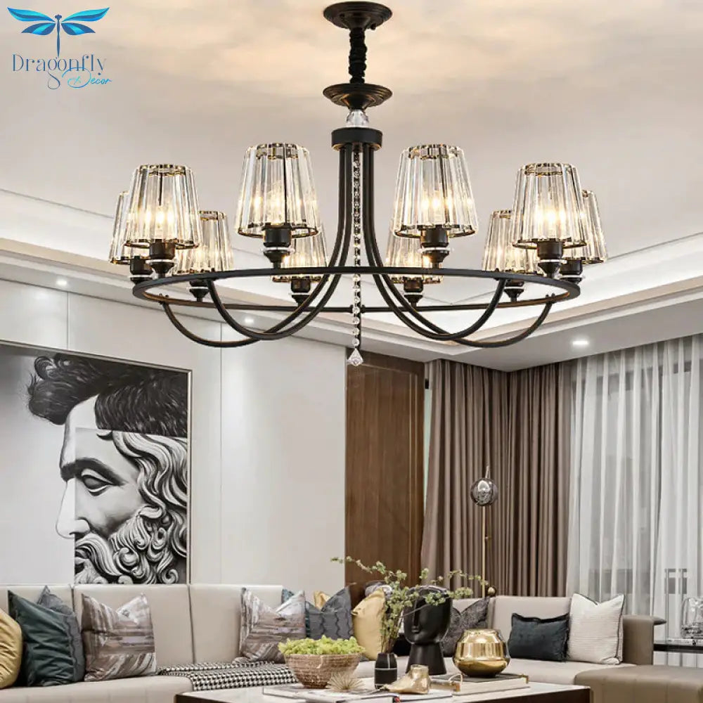 Crystal Black Chandelier Light Tapered 4/6/8 Lights Nordic Ceiling Pendant For Dining Room