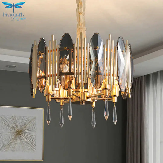 Crystal Block Gold Chandelier Light Fixture Round 6 Heads Traditional Pendant Lighting