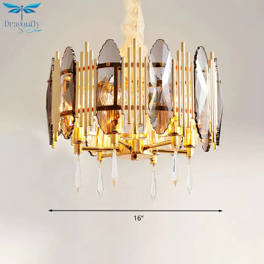 Crystal Block Gold Chandelier Light Fixture Round 6 Heads Traditional Pendant Lighting
