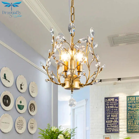 Crystal Branch Chandelier Lamp Modern 3 Bulbs Black/Gold Pendant Lighting Fixture With Global Drop