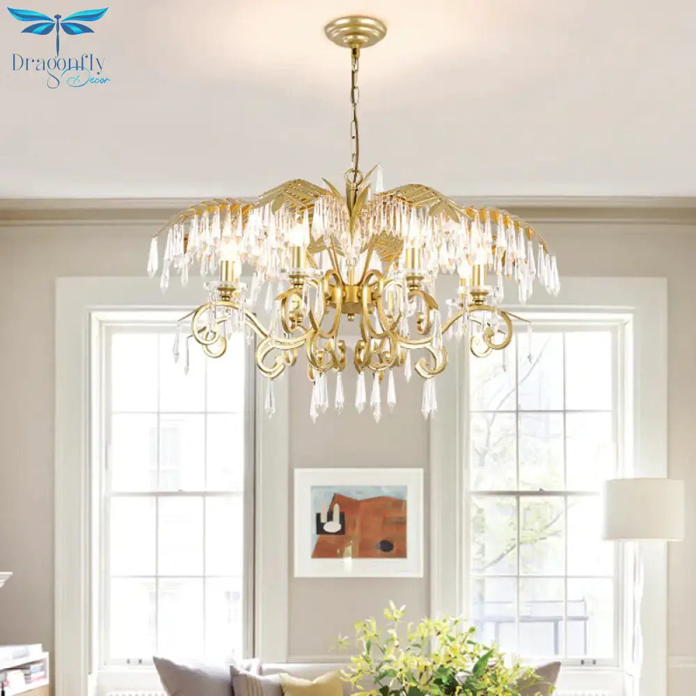 Crystal Brass Hanging Chandelier Leaf - Shaped 3/6/8 Lights Lodge Pendant Light Kit For Living Room