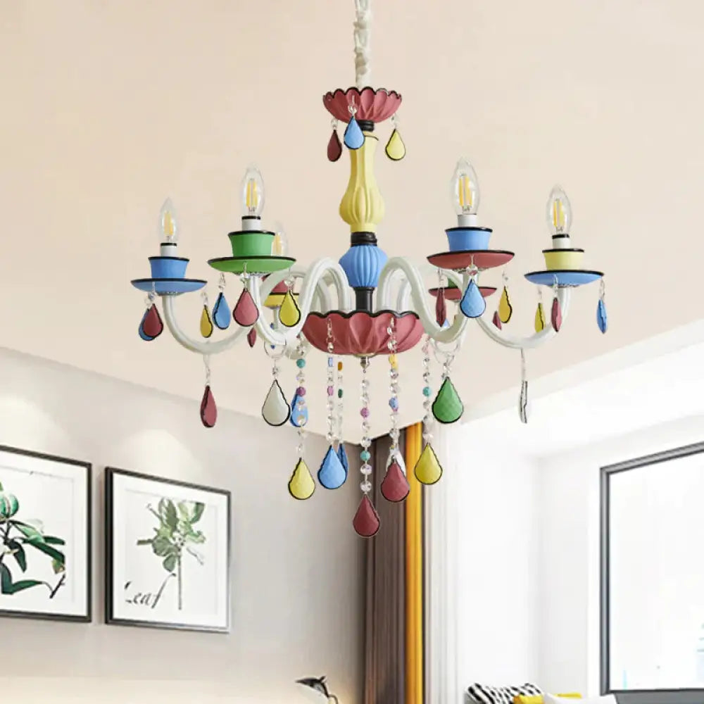 Crystal Candelabra Chandelier Macaron 5/6/8 Lights Blue - Pink - Yellow Hanging Pendant With