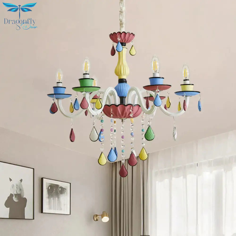 Crystal Candelabra Chandelier Macaron 5/6/8 Lights Blue - Pink - Yellow Hanging Pendant With