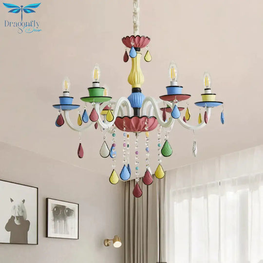 Crystal Candelabra Chandelier Macaron 5/6/8 Lights Blue - Pink - Yellow Hanging Pendant With