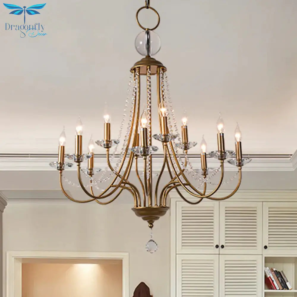 Crystal Candelabra Pendant Chandelier Lodge 9/12 Lights Living Room Hanging Ceiling Light In Brass