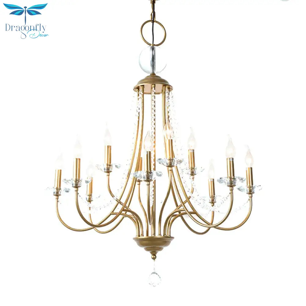 Crystal Candelabra Pendant Chandelier Lodge 9/12 Lights Living Room Hanging Ceiling Light In Brass