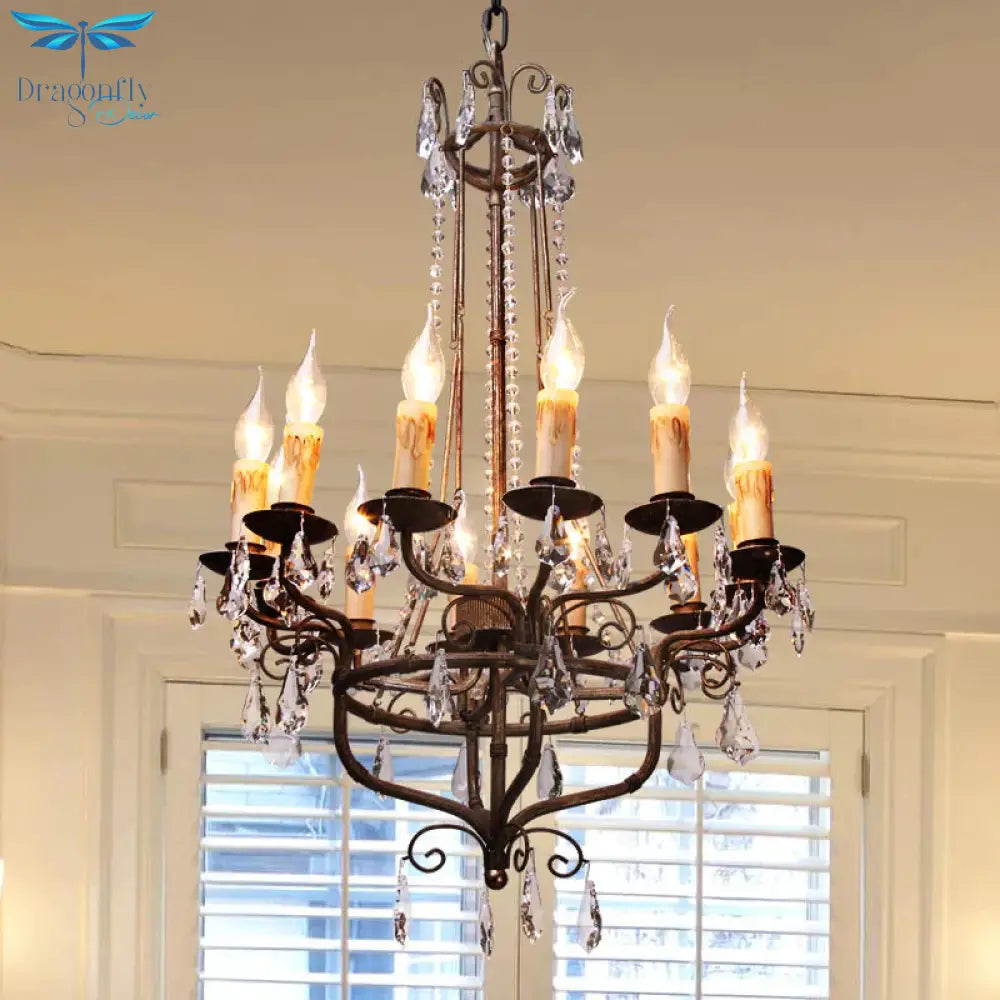 Crystal Candle Ceiling Chandelier Traditional 12 Lights Living Room Pendant Lighting In Bronze