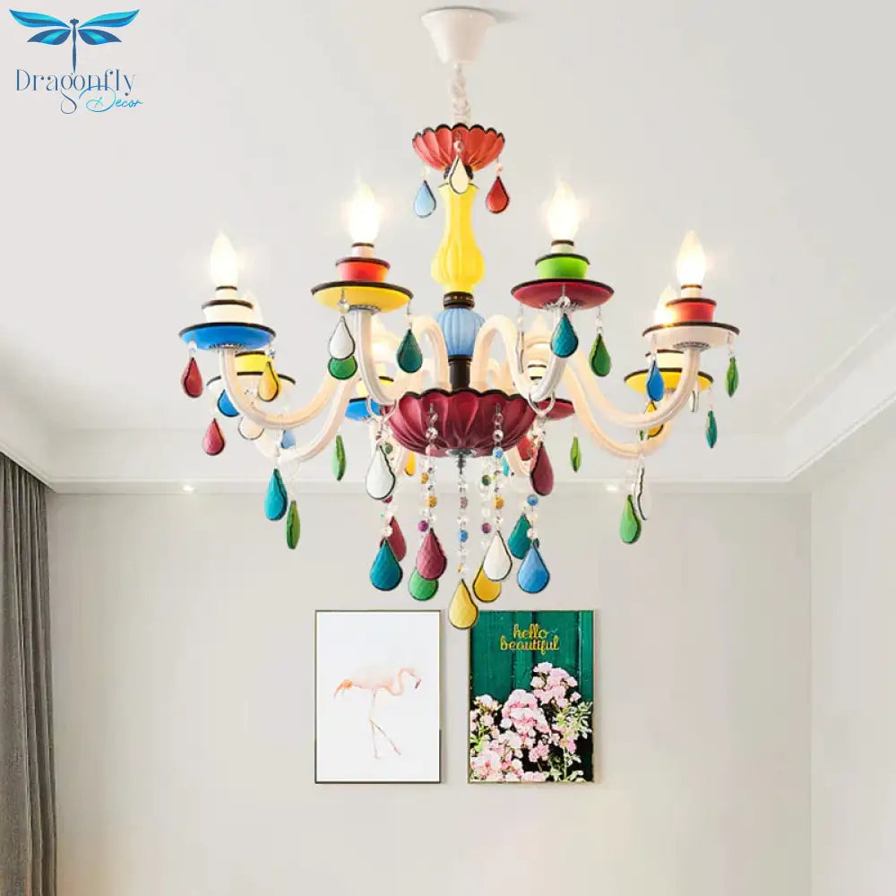 Crystal Candle Pendant Lighting Macaroon 5/6/8 Heads Red - Yellow - Blue - Green Chandelier Light