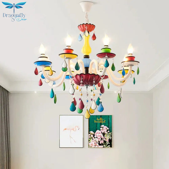 Crystal Candle Pendant Lighting Macaroon 5/6/8 Heads Red - Yellow - Blue - Green Chandelier Light