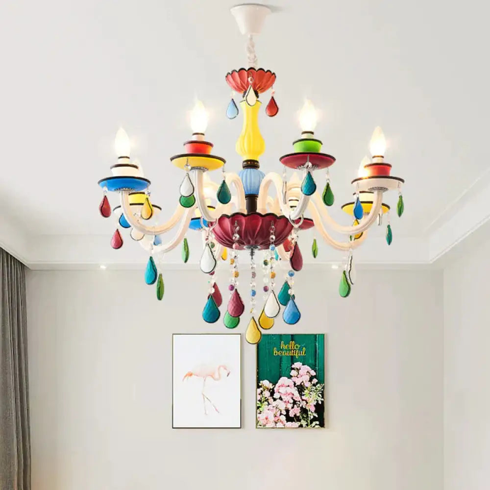 Crystal Candle Pendant Lighting Macaroon 5/6/8 Heads Red - Yellow - Blue - Green Chandelier Light