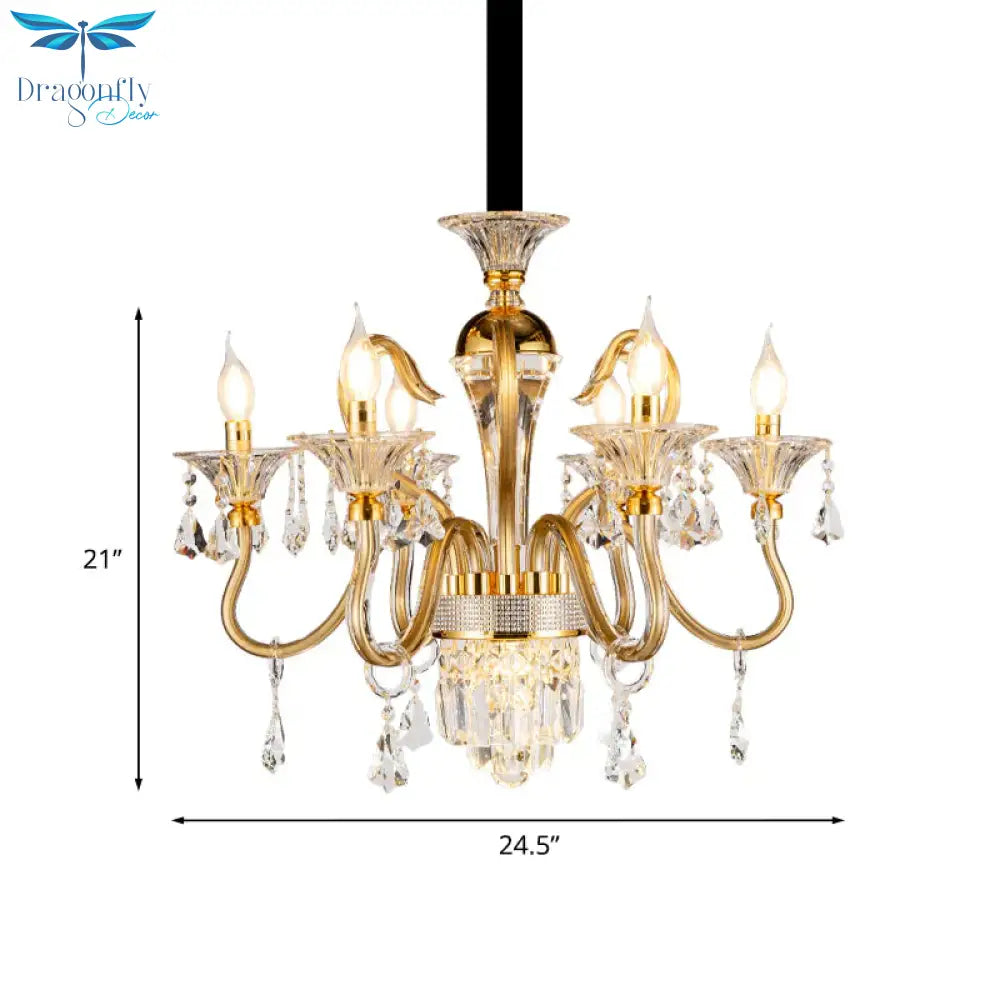 Crystal Candlestick Pendant Chandelier Mid - Century 6 Bulb Bedroom Hanging Lamp In Gold