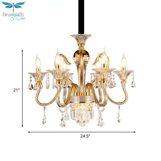 Crystal Candlestick Pendant Chandelier Mid - Century 6 Bulb Bedroom Hanging Lamp In Gold