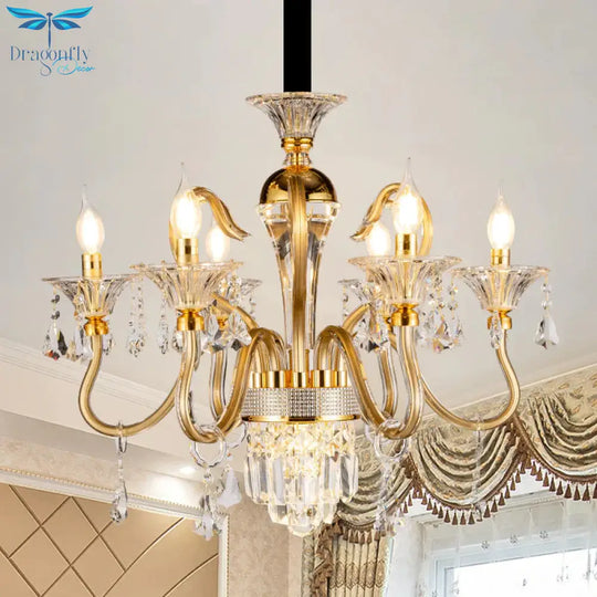 Crystal Candlestick Pendant Chandelier Mid - Century 6 Bulb Bedroom Hanging Lamp In Gold