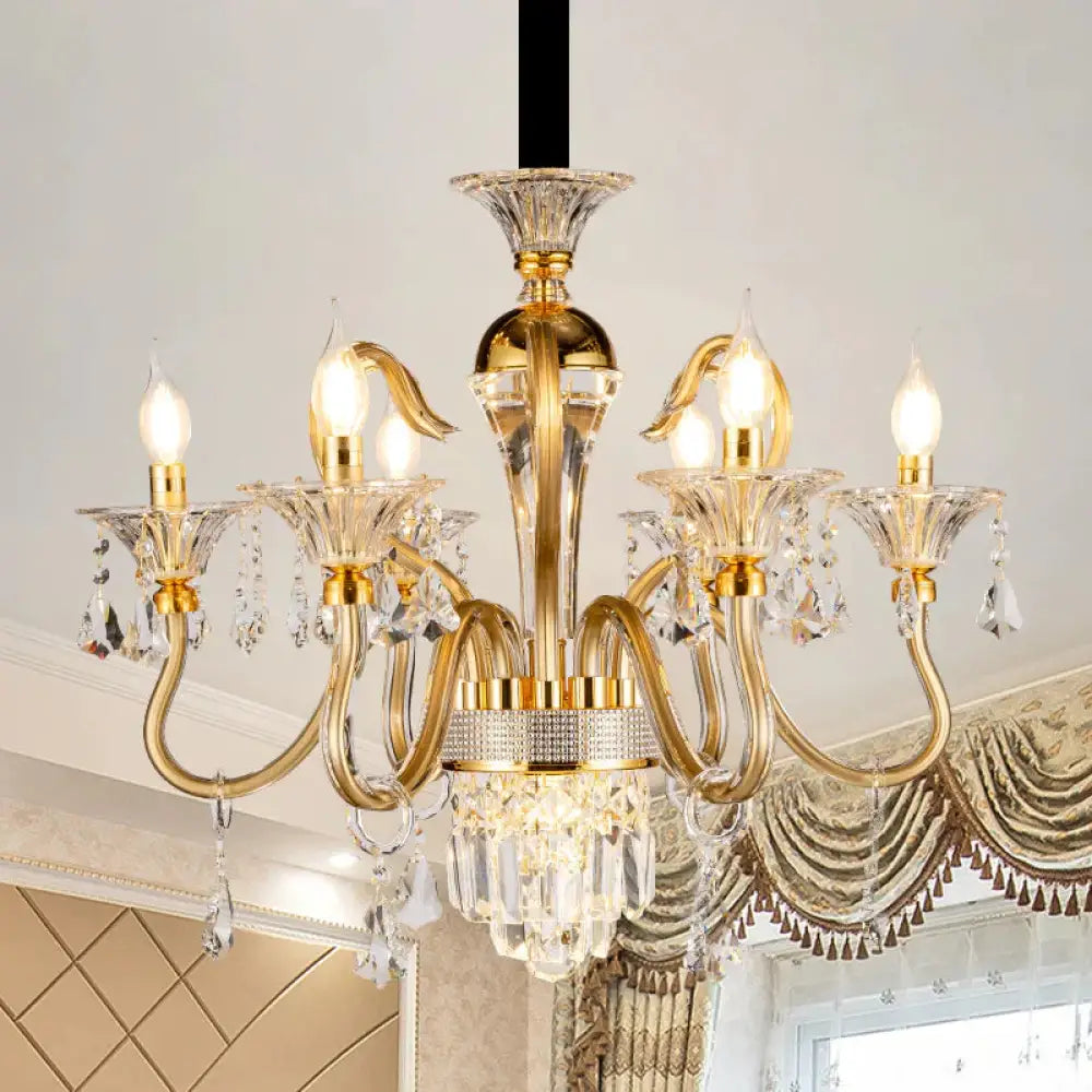 Crystal Candlestick Pendant Chandelier Mid - Century 6 Bulb Bedroom Hanging Lamp In Gold
