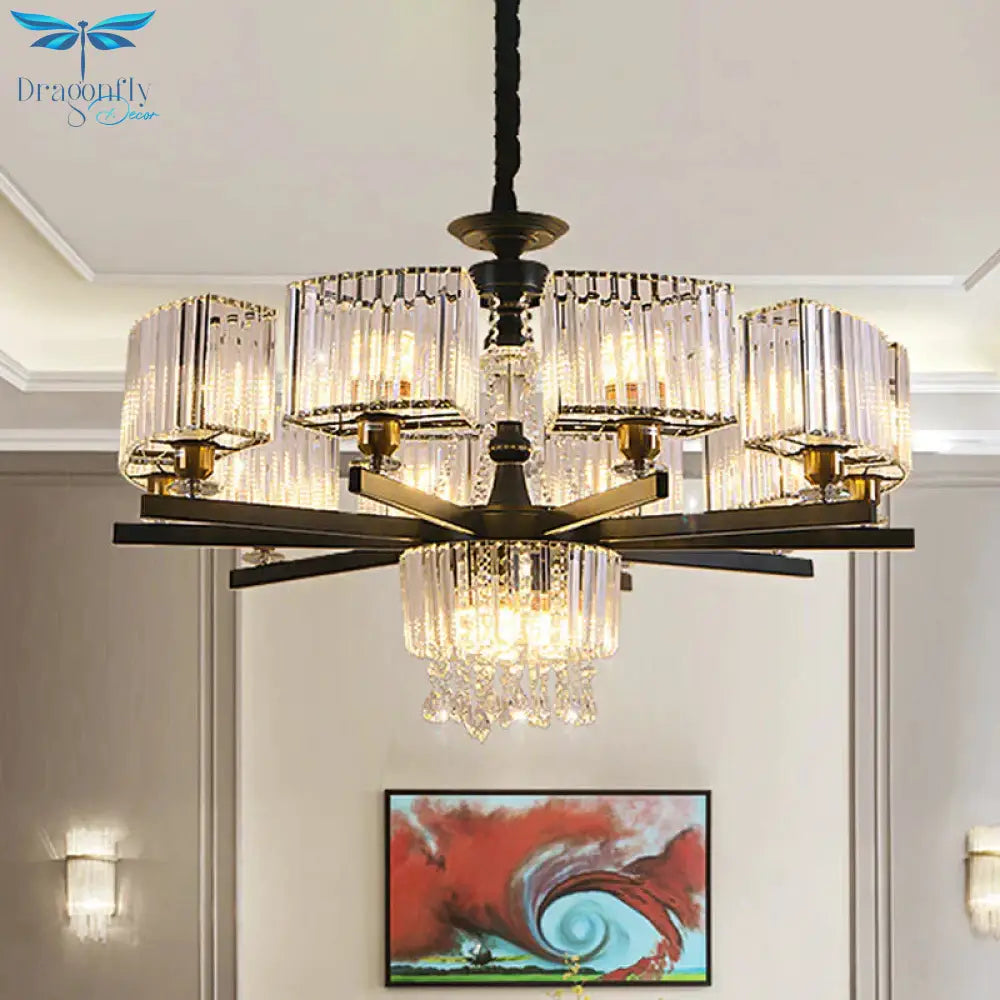 Crystal Chandelier 13 Bulbs Traditional Black Geometric Sitting Room Ceiling Lamp
