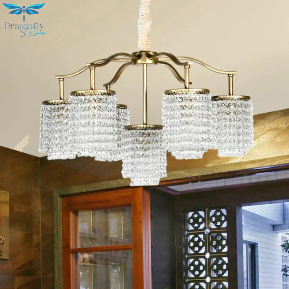 Crystal Cylinder Chandelier Light Fixture Rural 7 Heads Dining Room Ceiling Pendant In Brass