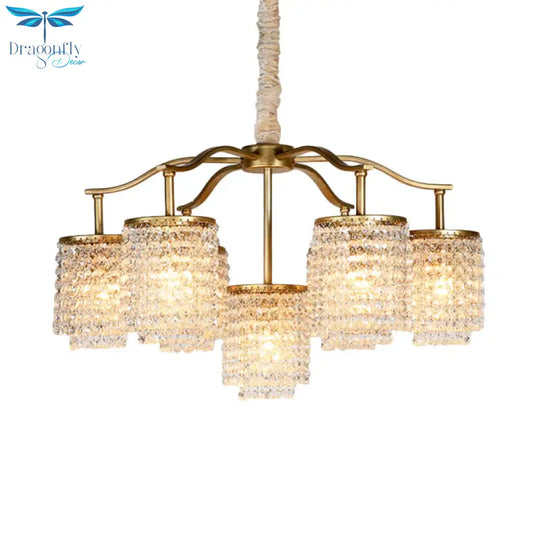 Crystal Cylinder Chandelier Light Fixture Rural 7 Heads Dining Room Ceiling Pendant In Brass