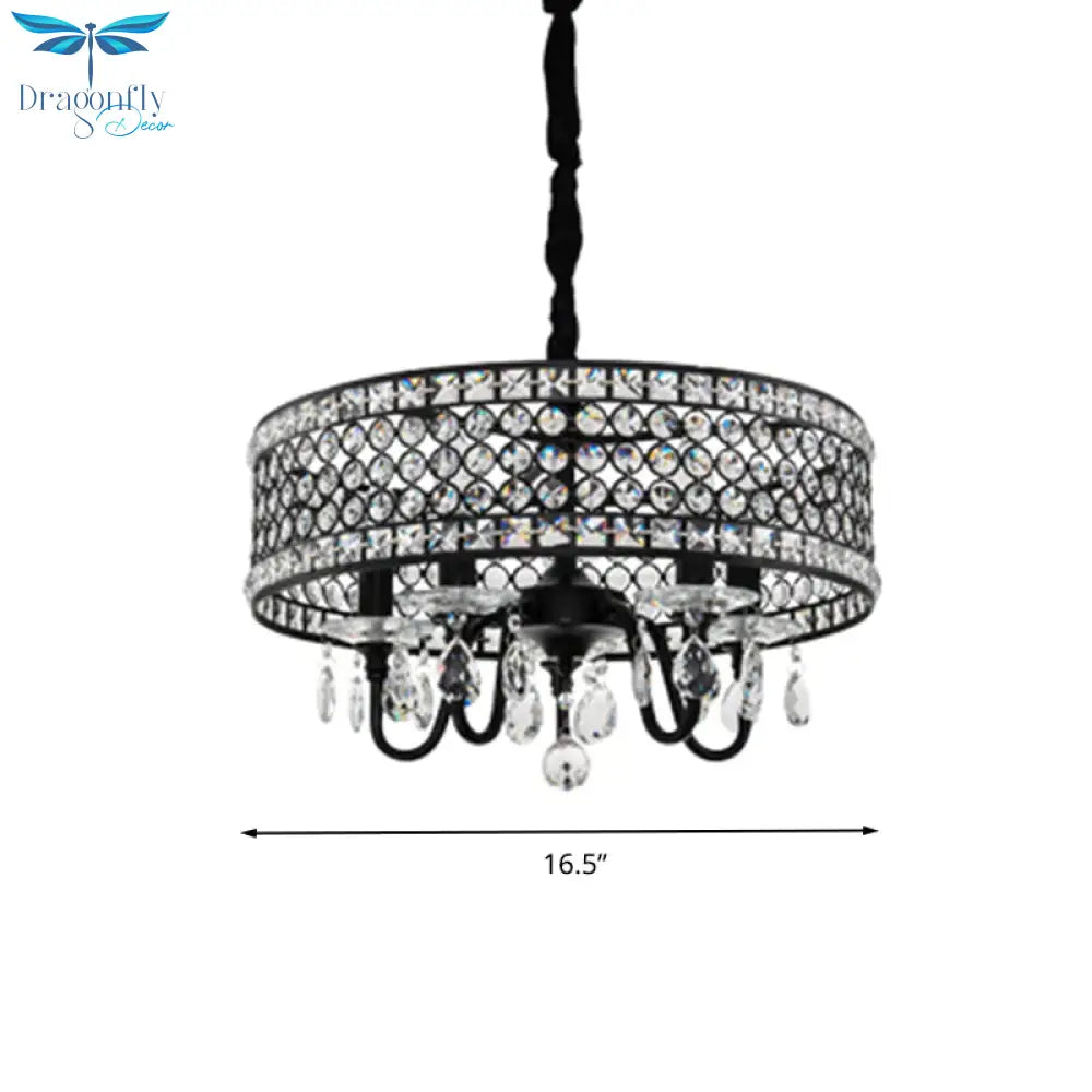 Crystal Encrusted Drum Suspension Pendant Modern 4 Heads Dining Room Chandelier Lamp In Black