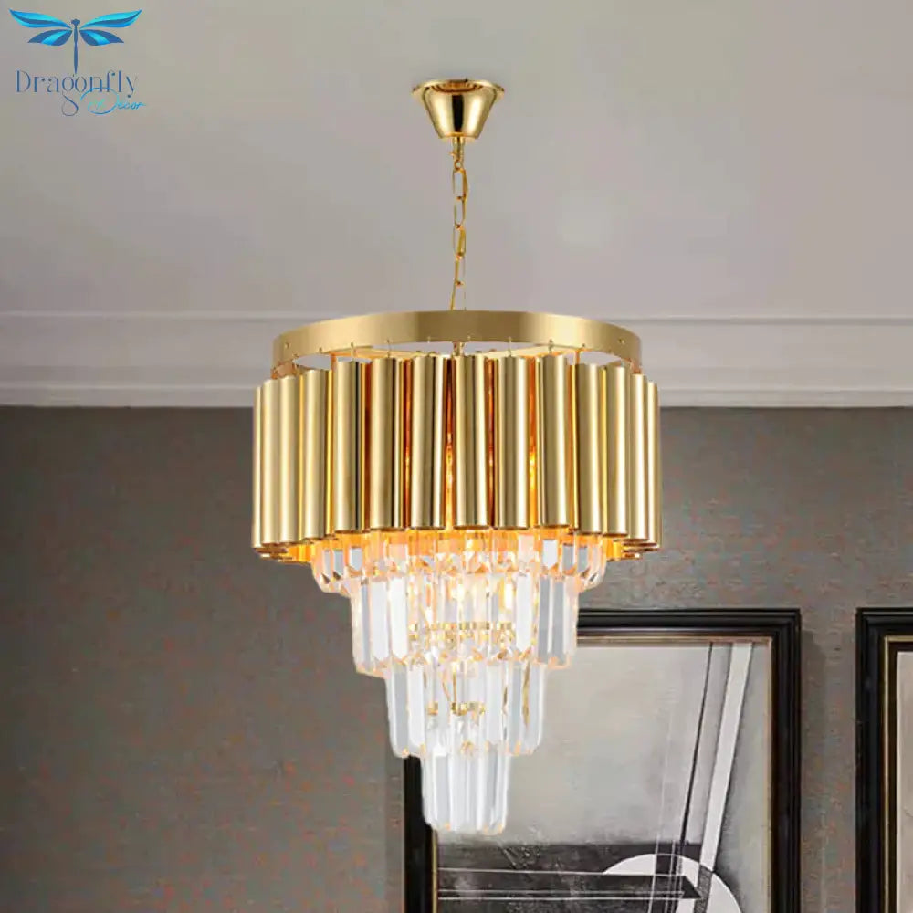 Crystal Flute Tapered Ceiling Chandelier Traditional 5 Bulbs Dining Room Suspension Light In Gold